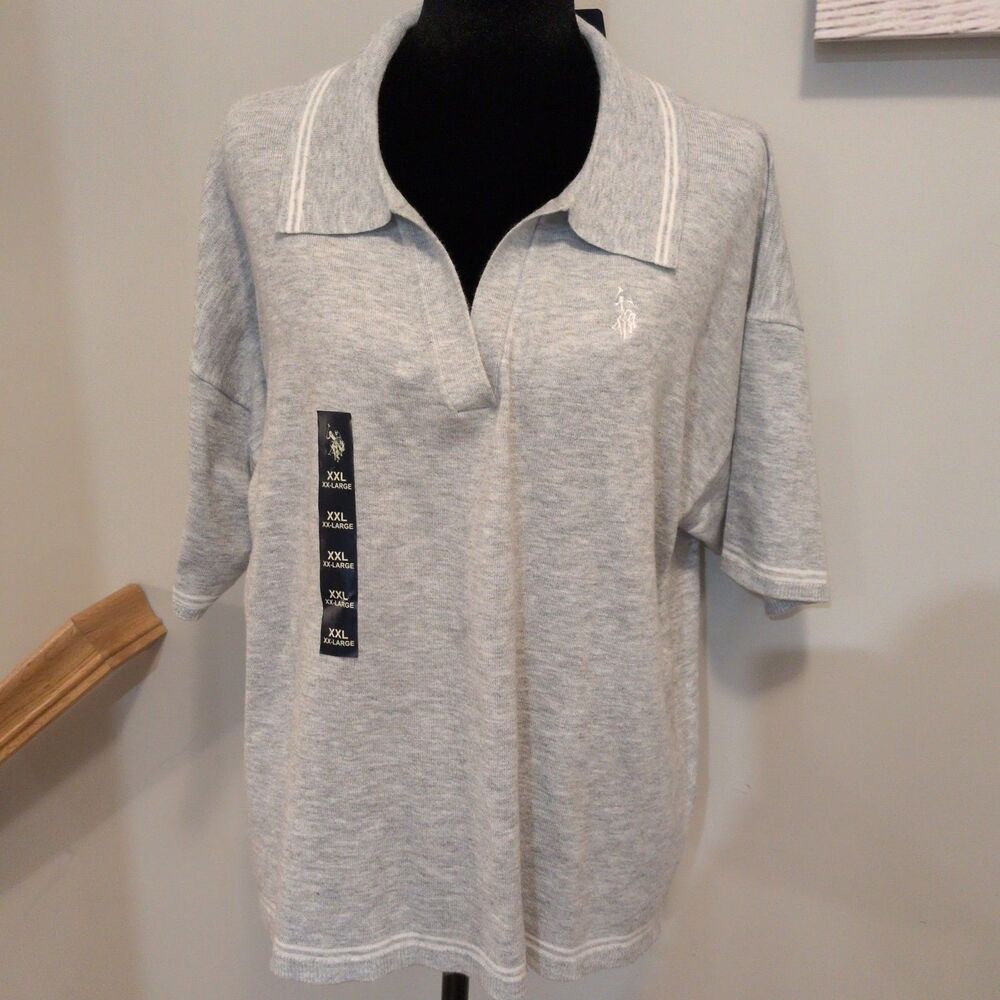 New US Polo Assn Women Skipper Collar Polo Shirt Gray Tipped Knit Top XXL